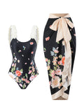 One Piece Printed Skirt Conservative Swimwear Two Piece Women Swimsuit