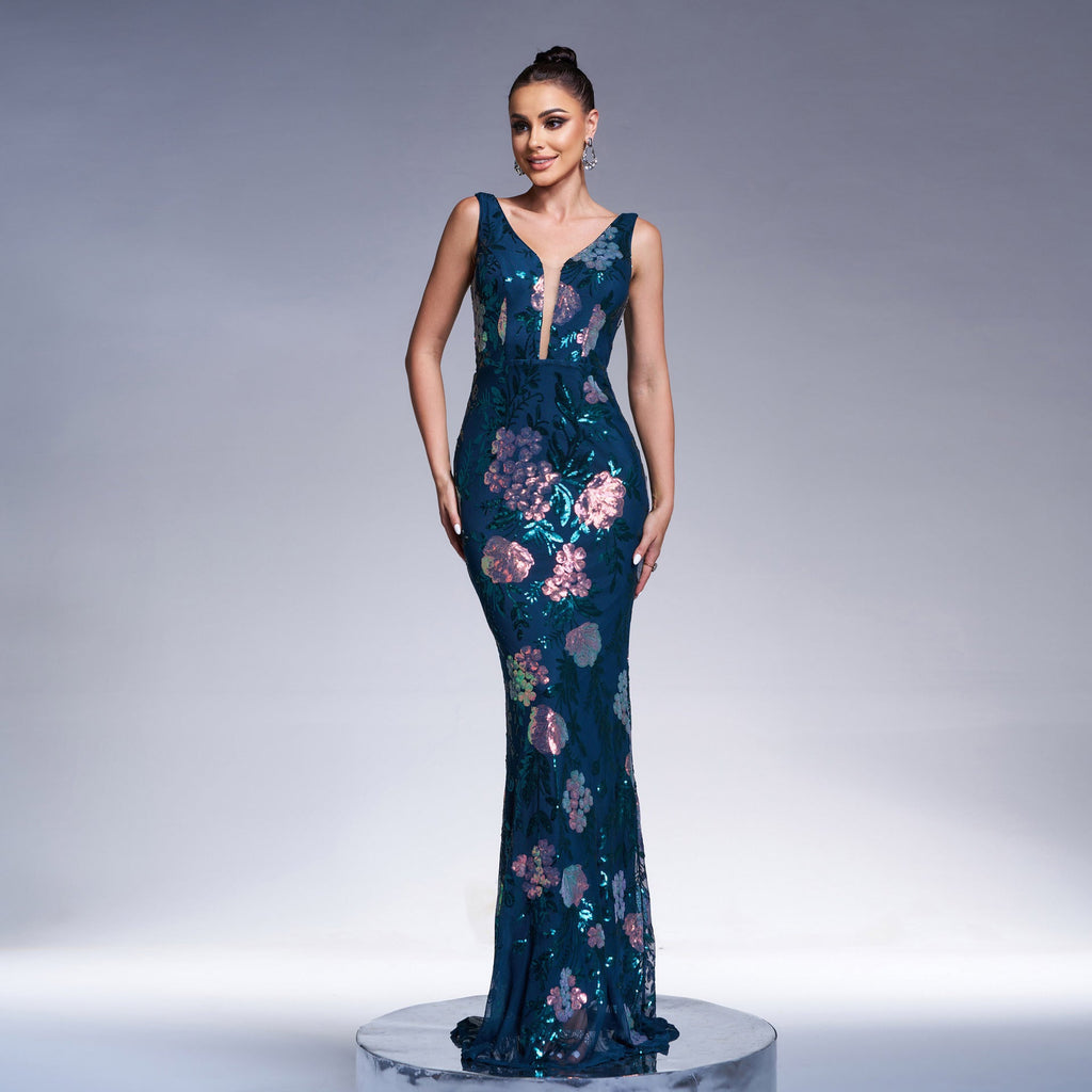 Women Elegant Sexy Sleeveless V neck Sequ Cocktail Evening Dress Bridesmaid Dress