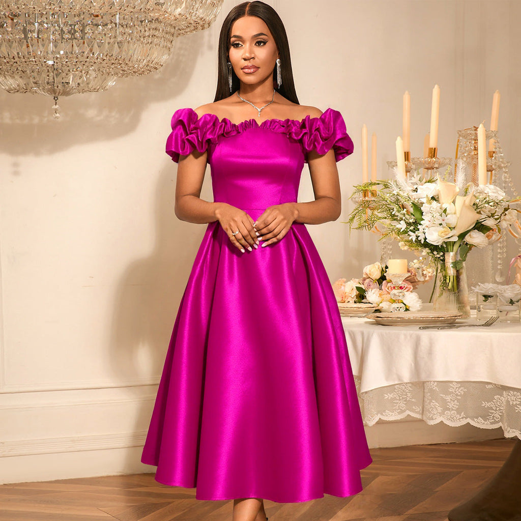 Sexy off the Shoulder Puffy Pleated Waist Tight a Expansion Dress Cocktail Wedding Bridesmaid Midi Dress