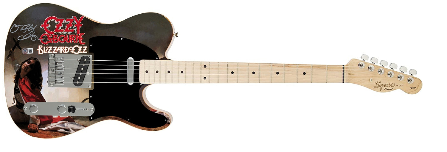 Ozzy Osbourne Autographed Fender Blizzard Of Ozz  Graphics Photo Guitar BAS Witness
