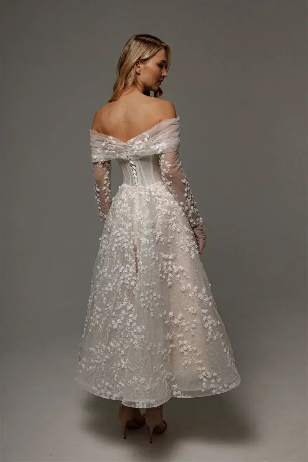 Kyoto Customized Lace Flowers Detachable Long Sleeves Wedding Dress Ankle-Length Glitter vestidos de novia A-Line Formal Gown