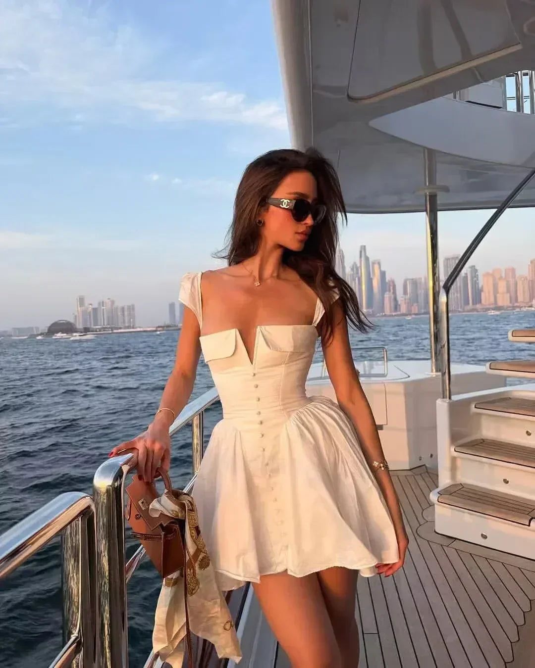 YENKYE Summer Women Sexy Fit And Flare White Mini Dresses Short Sleeve Low Waist Elegant Party Dress Ladies Bridesmaids Robe