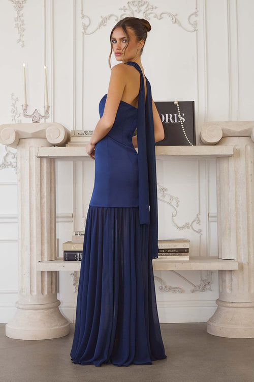 Amoris T825 Strapless Satin Bodice Pleated Chiffon Skirt Fitted Dress