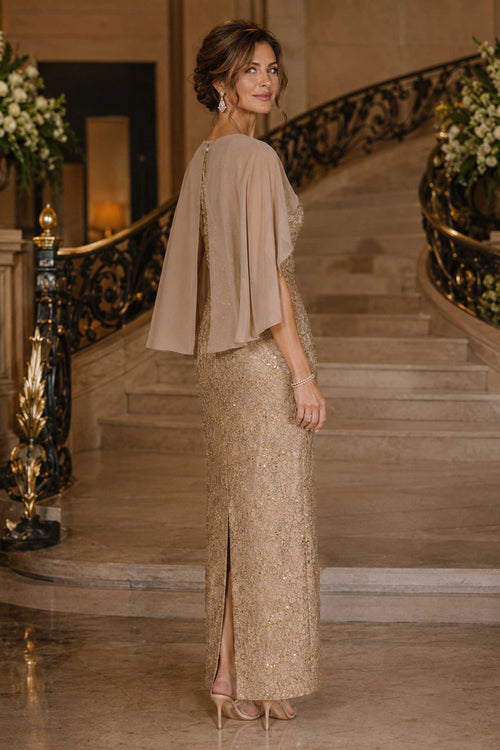 Amoris T906 Sequin Lace Gown Detachable Sheer Cape Overlay