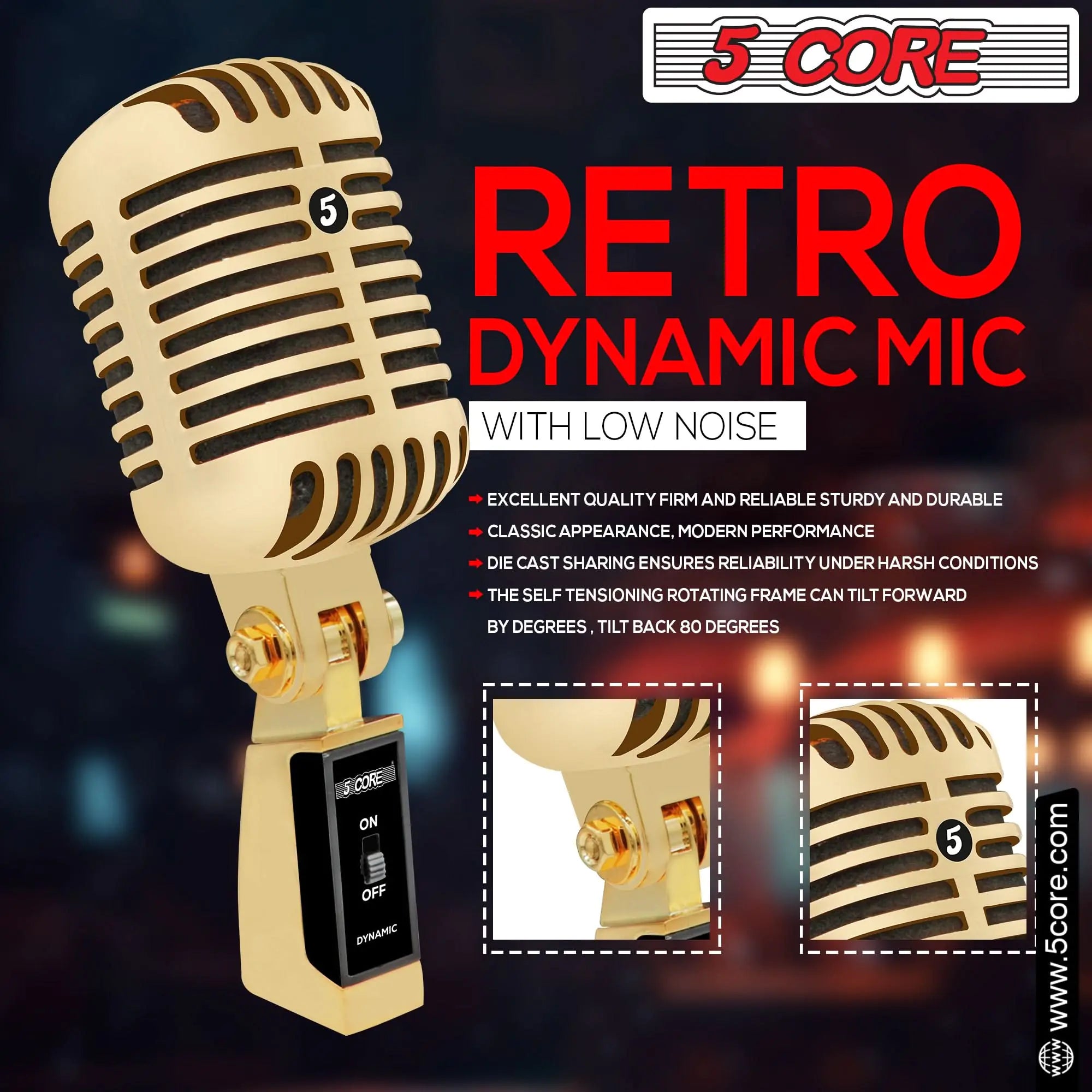 5Core Vintage Microphone Classic Dynamic Professional XLR Studio Retro Style Mic GOLD