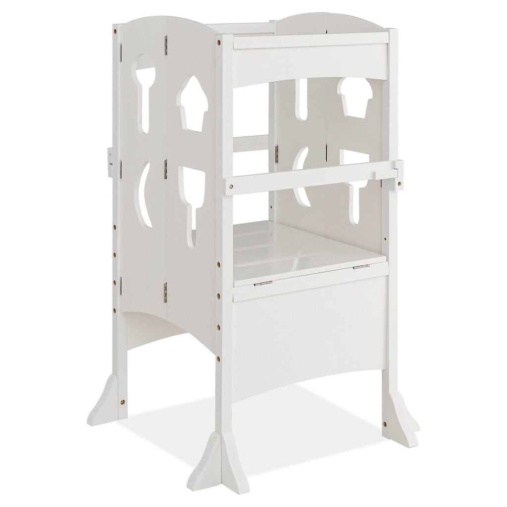 Folding Wooden Step Stool with Lockable Safety Rail for Toddler 3+