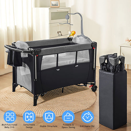 6 In 1 Foldable Baby Crib with Activity Center Diaper Changing Table Mosquito Net Mattress Music Box Toys Storage Tray Baby Bassinet Baby Sleeper