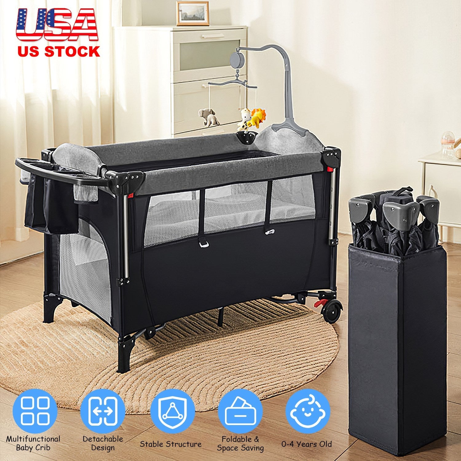 6 In 1 Foldable Baby Crib with Activity Center Diaper Changing Table Mosquito Net Mattress Music Box Toys Storage Tray Baby Bassinet Baby Sleeper