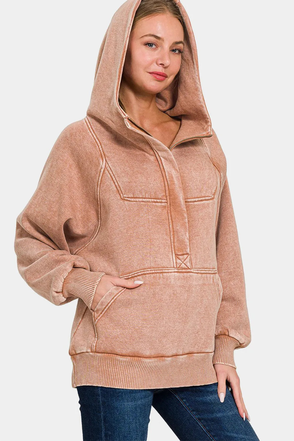 Acid-Wash Fleece Kangaroo Pocket Hoodie