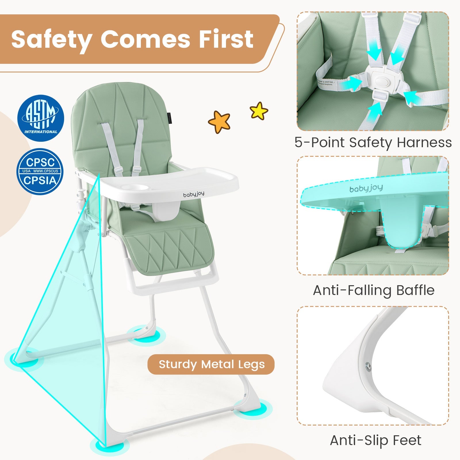 Easy Clean Compact Highchair with Removable Adjustable Tray and PU Seat Cushion-Green