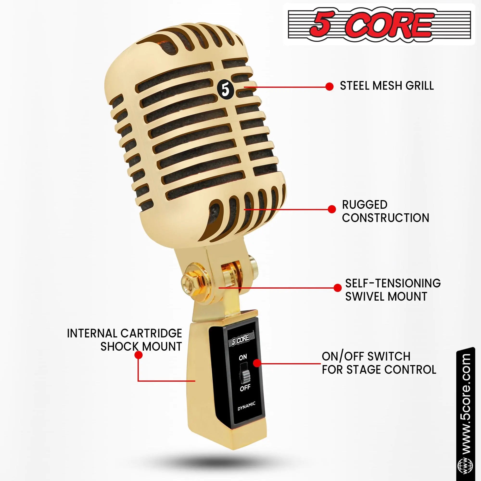 5Core Vintage Microphone Classic Dynamic Professional XLR Studio Retro Style Mic GOLD
