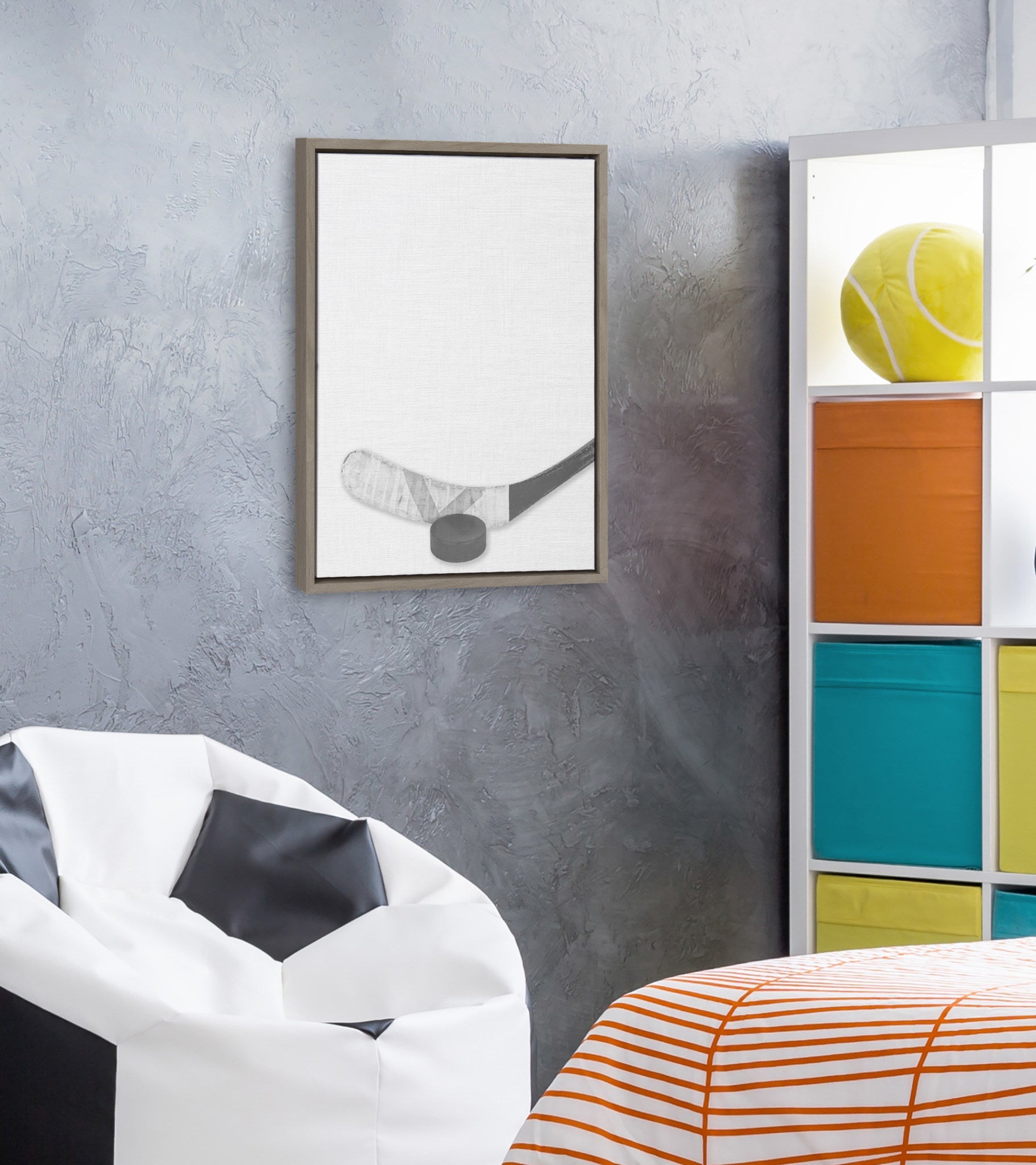 Sylvie Hockey Stick and Puck Framed Canvas, Gray 18x24