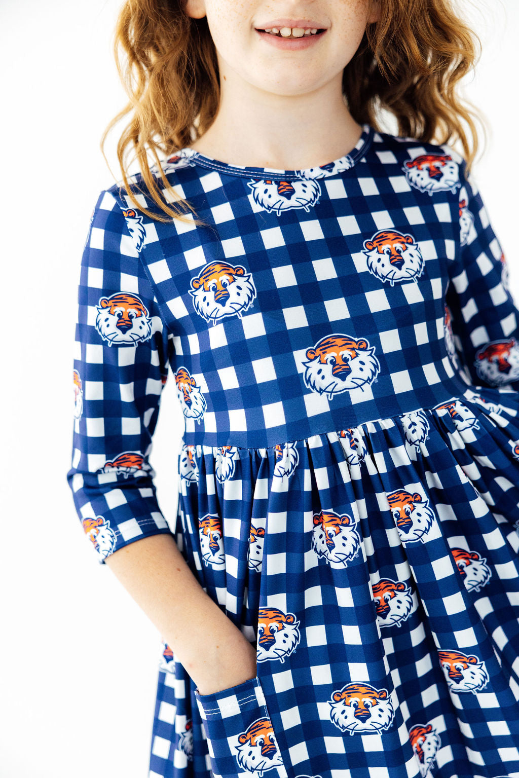 Auburn Plaid Aubie 3/4 Sleeve Pocket Twirl Dress