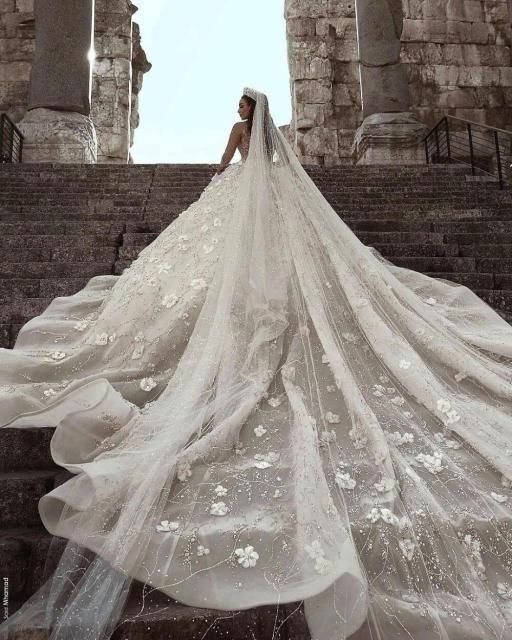 Luxury Bead Lace Wedding Gown with 3D Floral Design